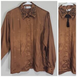 Vintage Blouse SK Company Women 12 Brown Satin 80s 90s Regency Steampunk Office